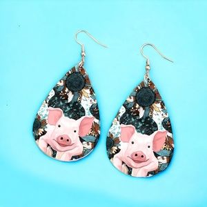 Faux leather piggy sunflower print dangle light‎ weight earrings